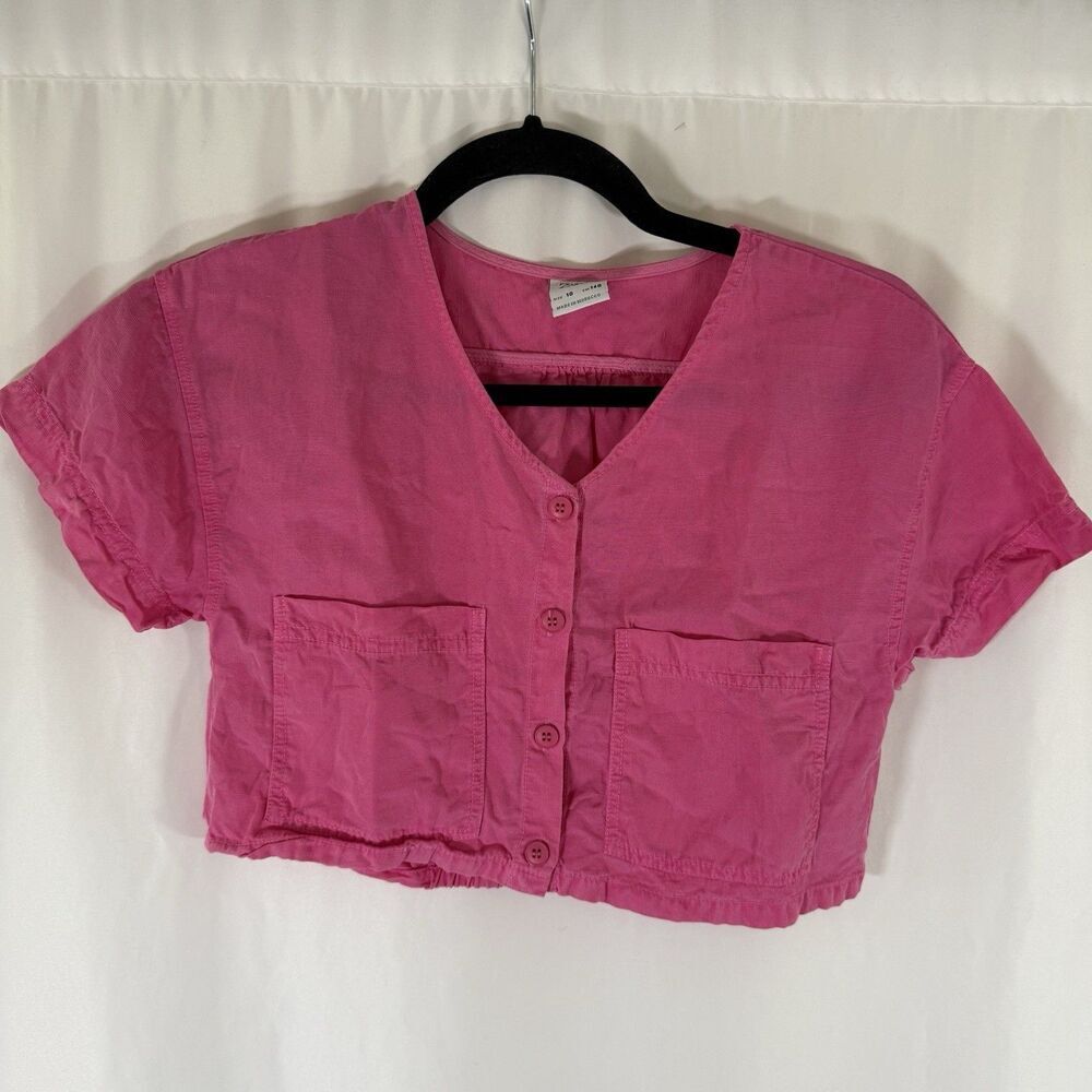 Zara Blouse Girls 10 140 CM Pink Cropped Vneck Button Up Short Sleeve Linen